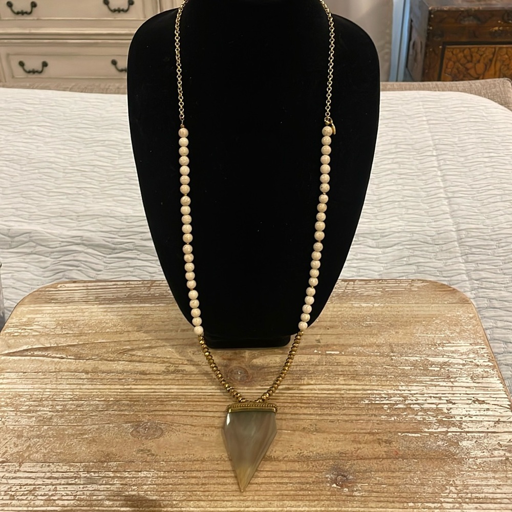 Gold Beige Beaded BHD Pendant Long Statement Necklace